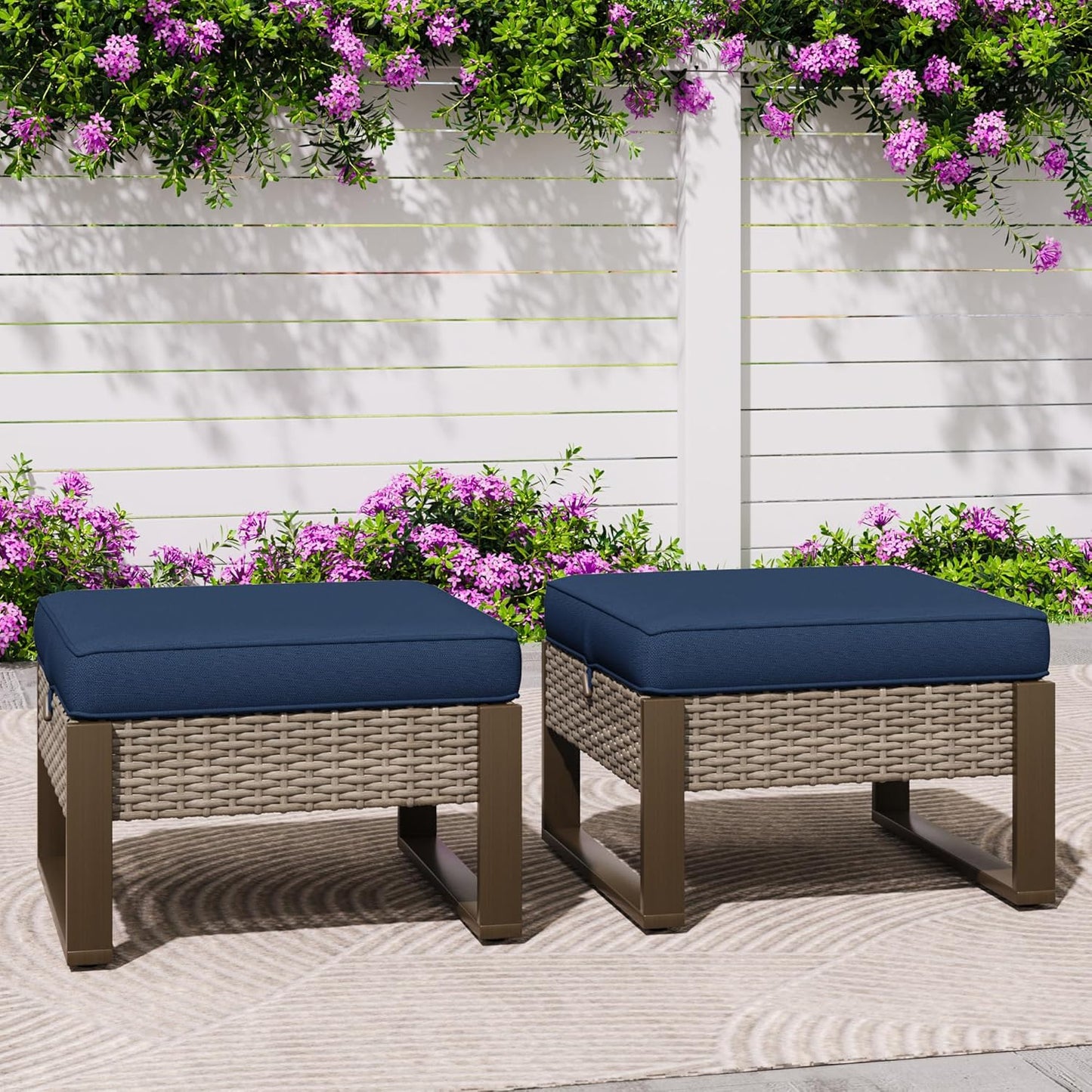 Patio Metal Wicker Ottoman Set of 2, Outdoor PE Rattan Footstools with Removable Cushions & Wood-Looking Metal Steel Framed Legs for Garden Backyard Porch Deck, Dark Blue