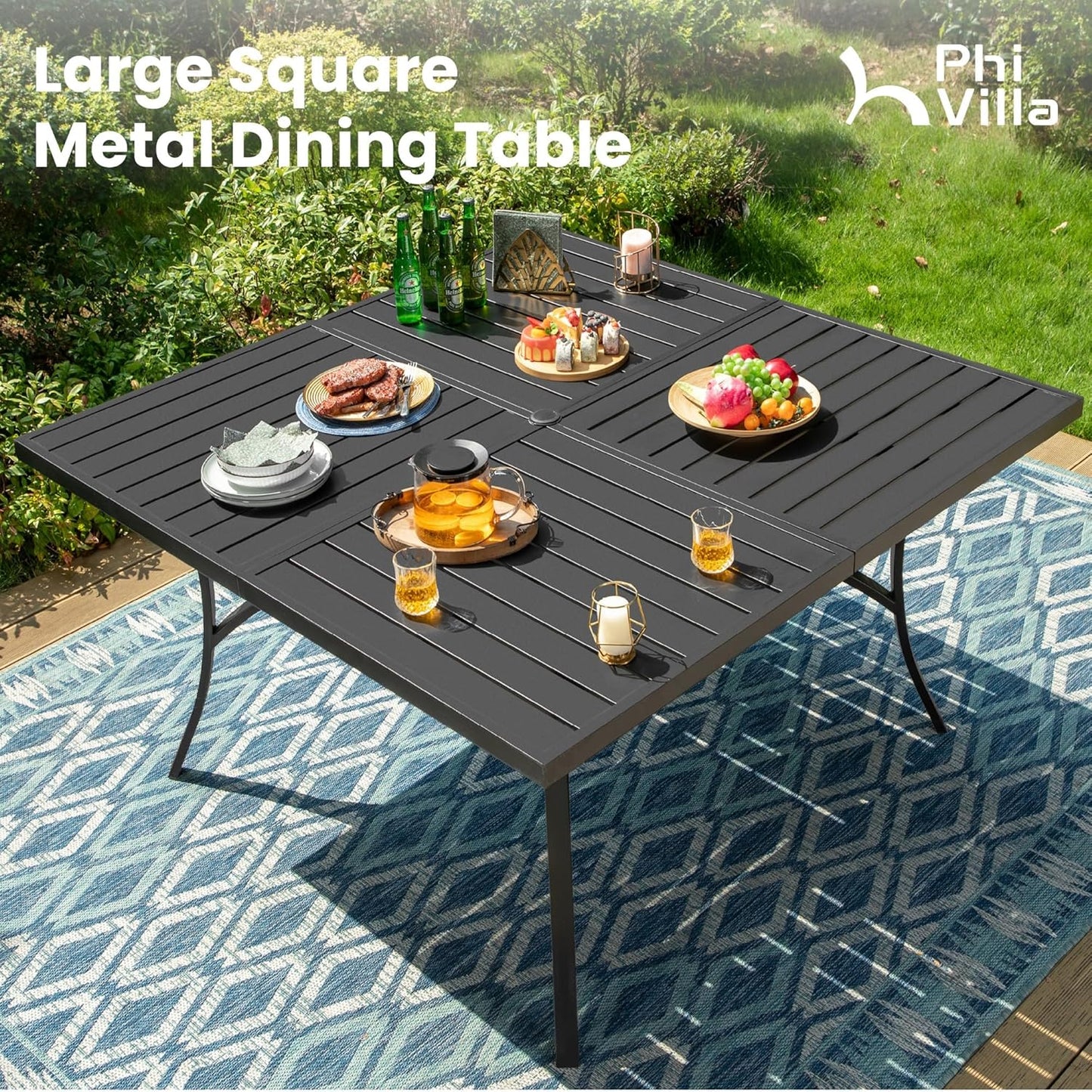PHI VILLA 9 Pcs Patio Dining Set with Large Square Metal Dining Table & 8 Outdoor Textilene Fabric Swivel Dining Chairs, Outside Table Chair Furniture Dining Set for 8 Person
