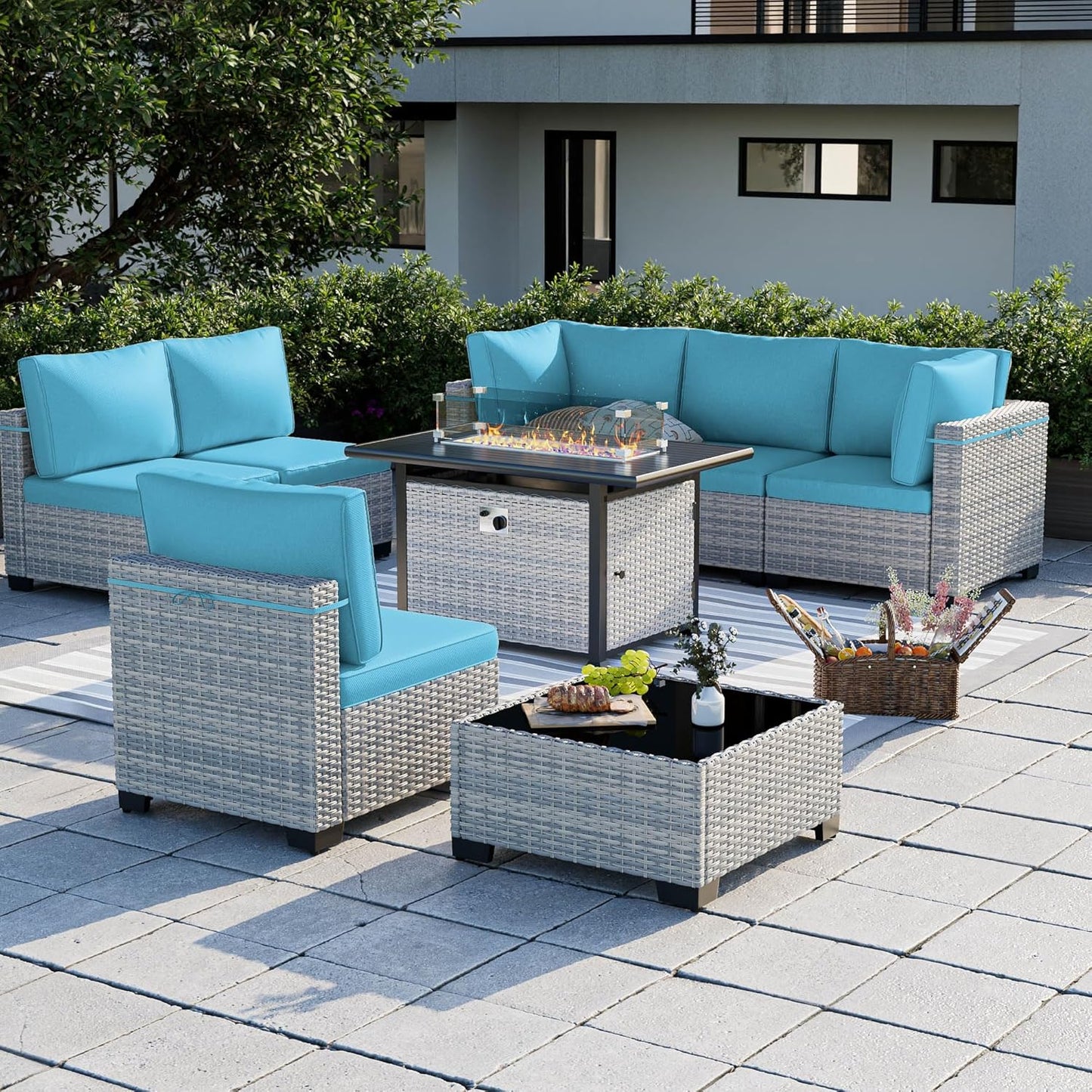 8-Piece Modern Patio Conversation Set with 55,000 BTU Fire Pit Table, Thick Cushions, Dual-Strand Wicker Rattan, Rust-Resistant Frame, Lake Blue