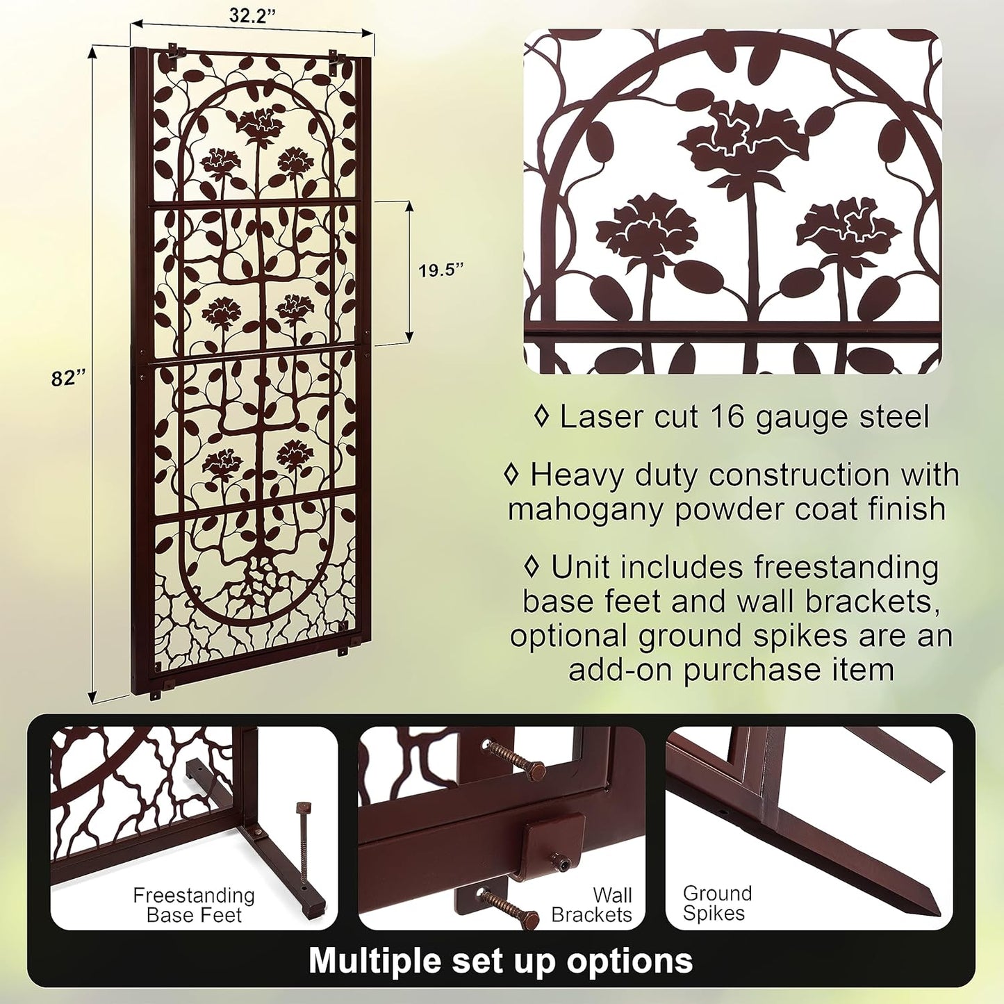 H Potter Garden Trellis Outdoor Privacy Screen Fence for Climbing Plants Patio Deck Large Heavy Duty Decorative Metal Panel for Backyard Flowers Roses Clematis Ivy Freestanding Ground Spikes