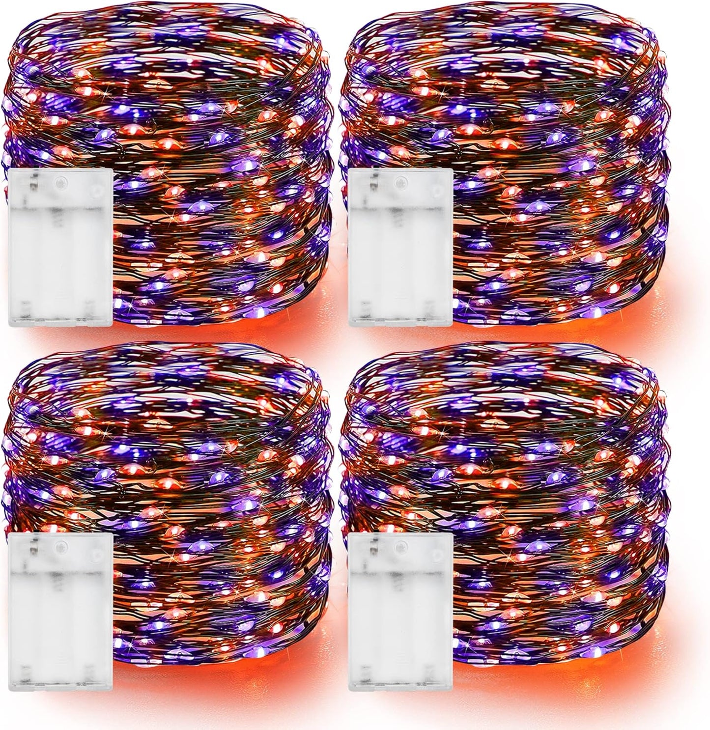 Dazzle Bright Purple and Orange Fairy String Lights, 4 Pack Total 80FT 240LED Copper Wire Battery Operated Waterproof Lights, Halloween Decorations for Indoor Home Outdoor Patio Yard Party Decor