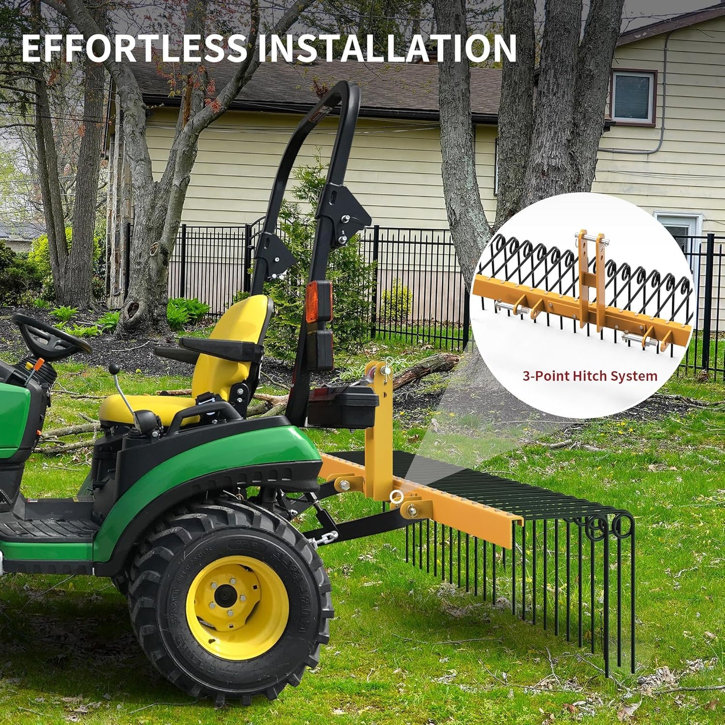 YITAMOTOR 60" Durable Powder Coated Steel Pine Straw Rake Steel Spring Landscape Rake Attaches to Cat-0 Cat-1,3 Point Hitch for Tractor, Yellow