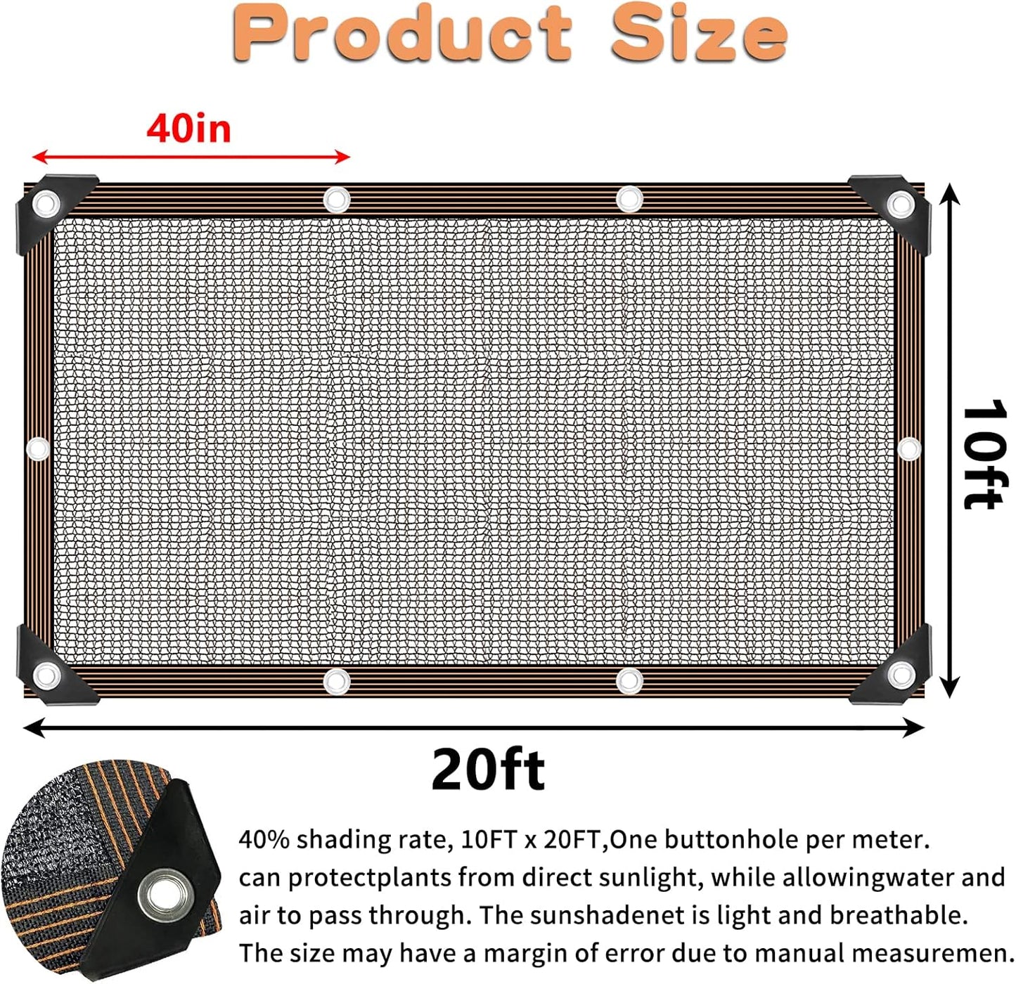 40% Black Shade Cloth, 10 x 20 FT Durable Mesh Tarp with Grommets, Resistant Garden Sun Shade Netting, Shading Antifreezing for Pergola, Greenhouse, Plants Growing, Chicken Coop