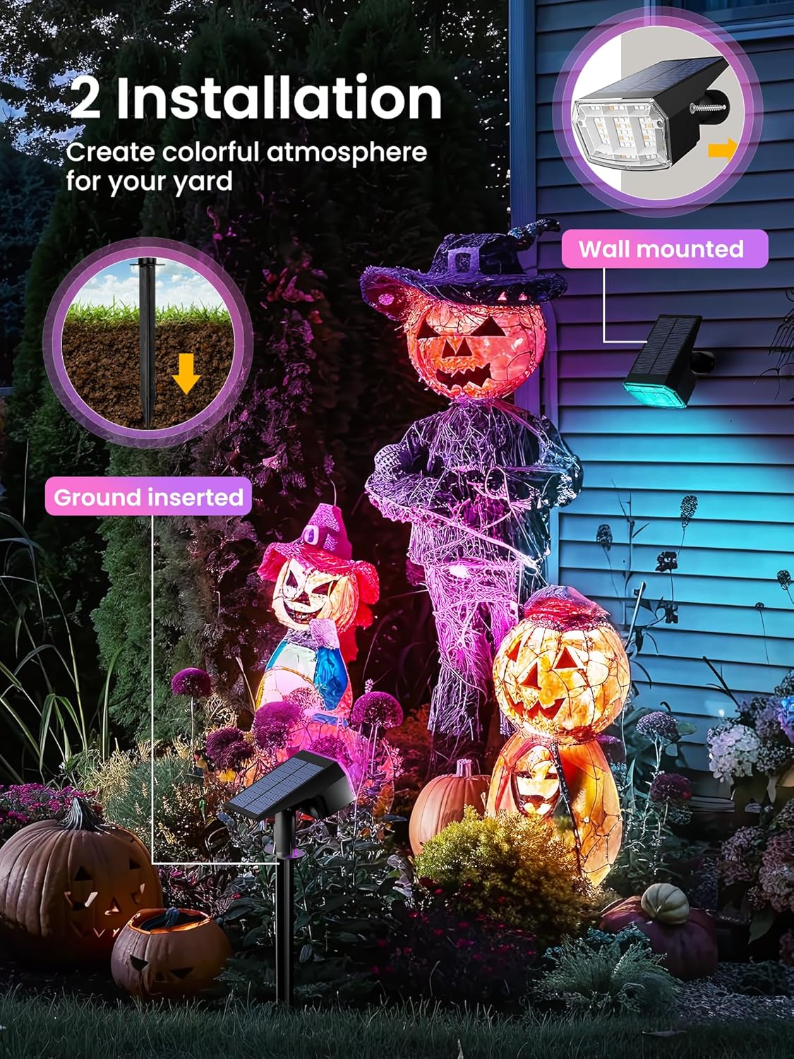 Solar Spot Lights Outdoor, 9 Lighting Modes RGB, Solar Lights Outdoor Waterproof IP65, 63 LED Landscape Spotlights for Halloween Christmas Decorations-1 Pack