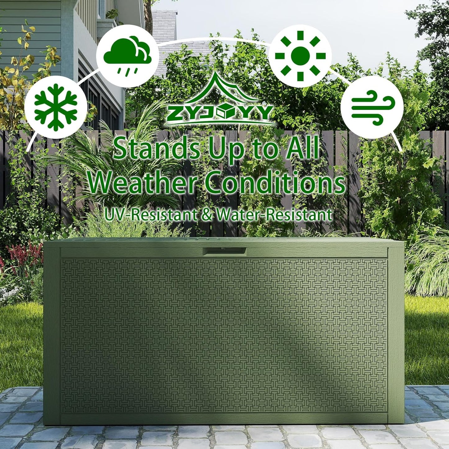 Outdoor Storage Box, 90 Gallon Deck Box, Waterproof Resin Storage Bin for Patio Cushions, Gardening Tools, Lockable, UV Resistant,Olive Green