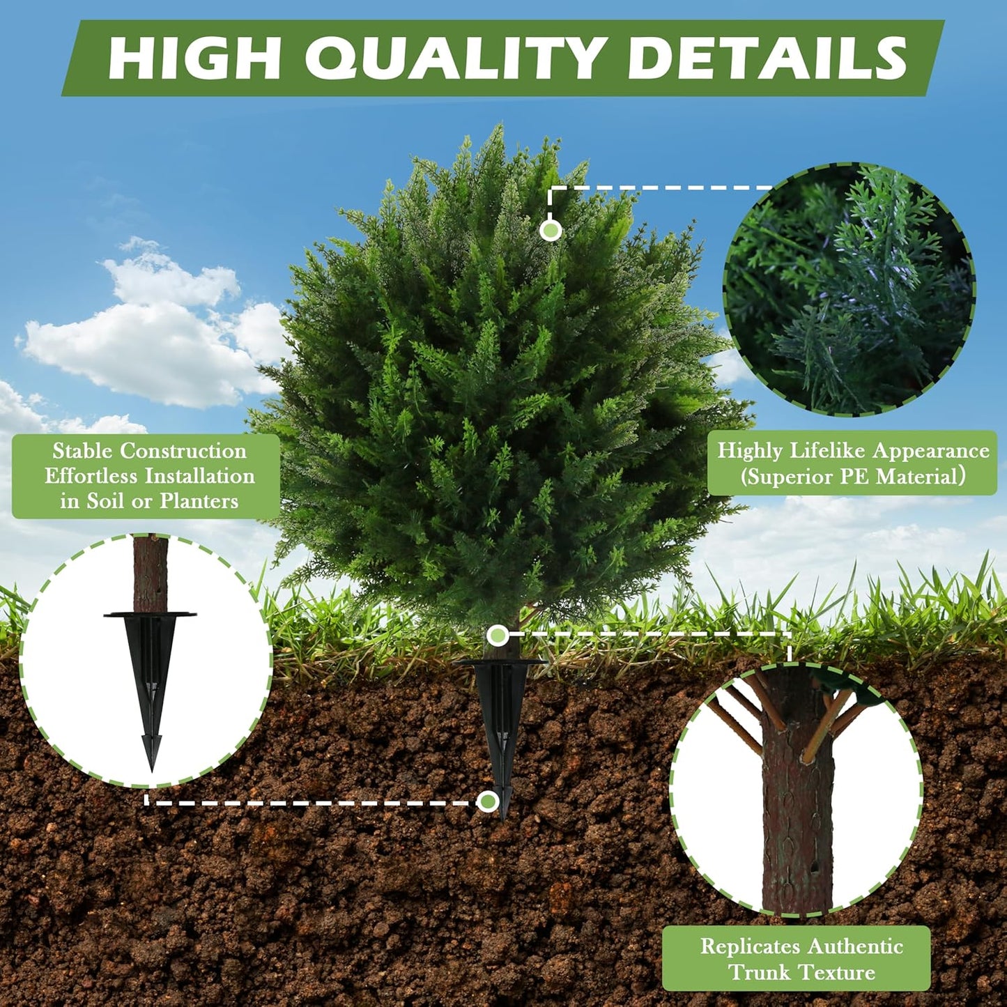 Sunnyglade Set of 2 Artificial Cedar Topiary Ball Trees, Faux Cedar Shrub Bushes with Ground Spike 25.5", UV Resistant Fake Cedar Plants for Indoor, Garden, Yard, Porch, Patio Decor (Green)