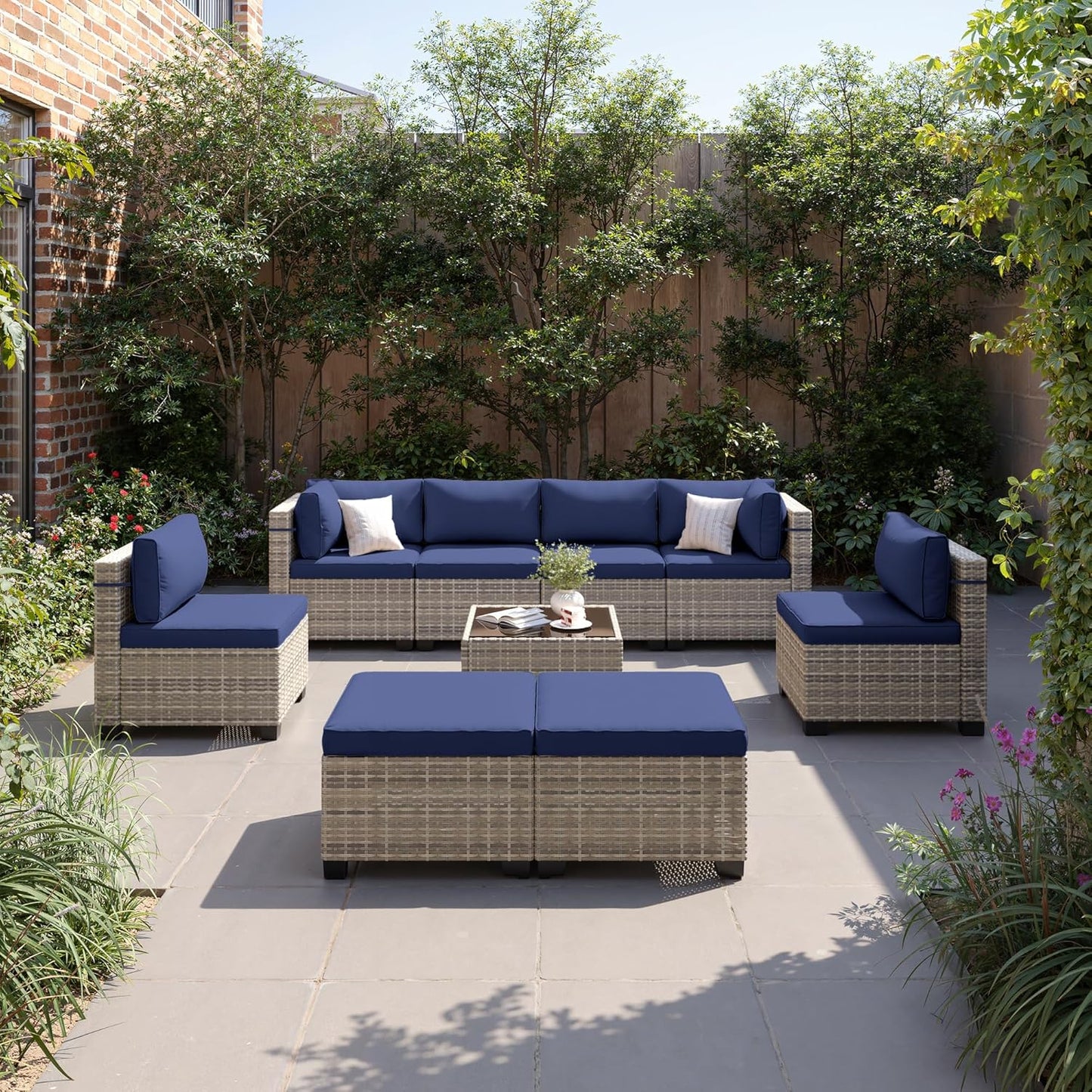 9-Piece Patio Furniture Set, Outdoor Sectional with Ottomans, Modular Patio Sofa, Dual-Strand Wicker Rattan, Rust-Resistant Frame, Backyard Furniture for Garden, Deck, Navy Blue