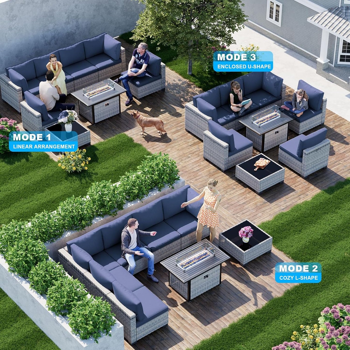 8-Piece Modern Patio Furniture Set with 55,000 BTU Fire Pit Table, Thick Cushions, Dual-Strand Wicker Rattan, Rust-Resistant Frame, Navy Blue