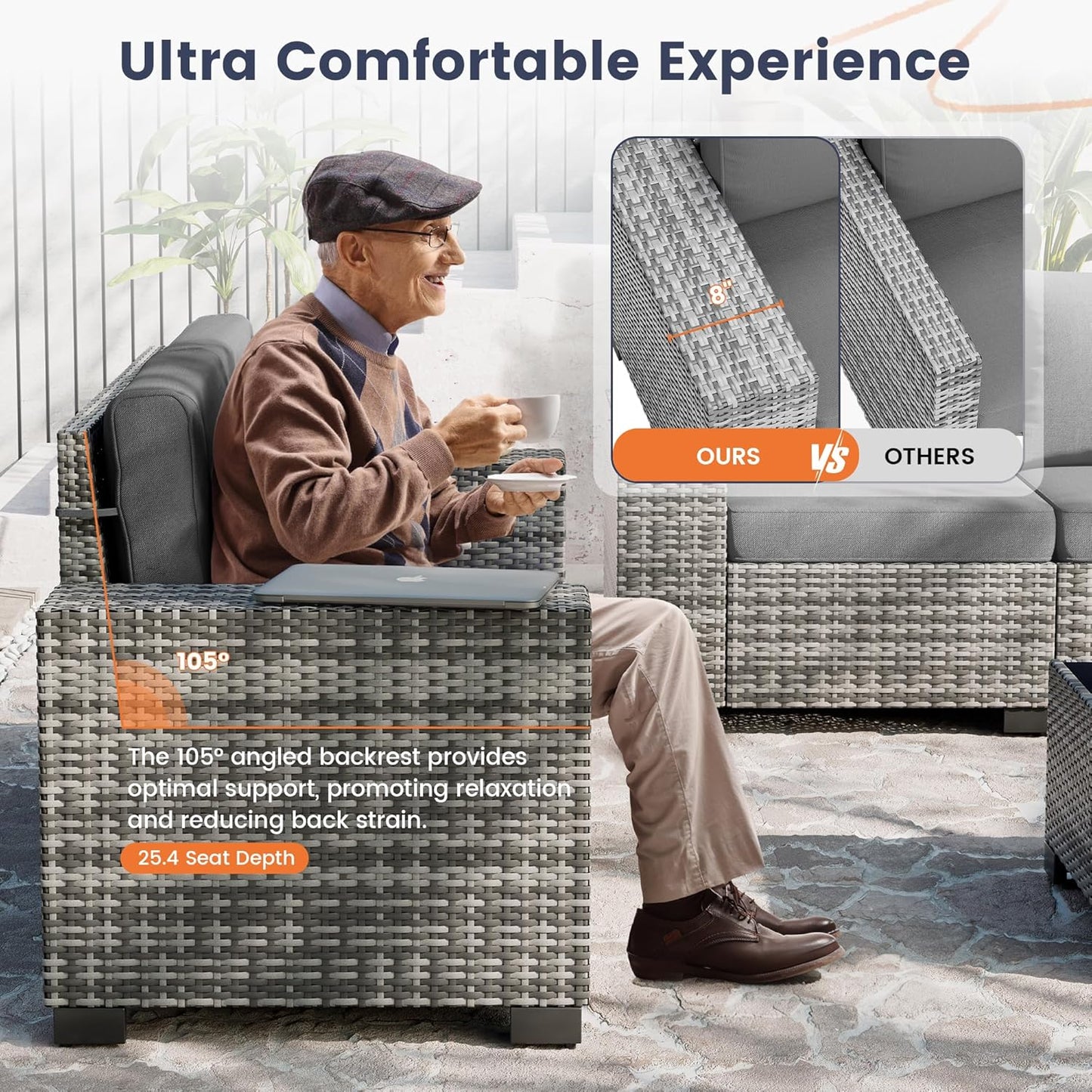 UDPATIO Patio Furniture Set with Fire Pit Table, 8 Inch Armrest Outdoor Sectional Sofa, 7 Piece Wicker Outdoor Furniture Conversation Sets with Waterproof Cover for Backyard Deck(Grey/Dark Grey)