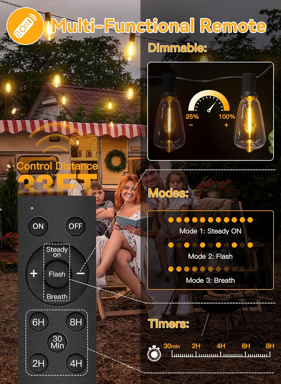 Ollny 15+1 LEDs ST38 Solar String Lights, 30 FT USB & Solar Dual Charging Outdoor String Lights, 3 Modes 5 Timers 10 Brightness 2200K Waterproof Patio Lights for Porch Garden Market Bistro Camping