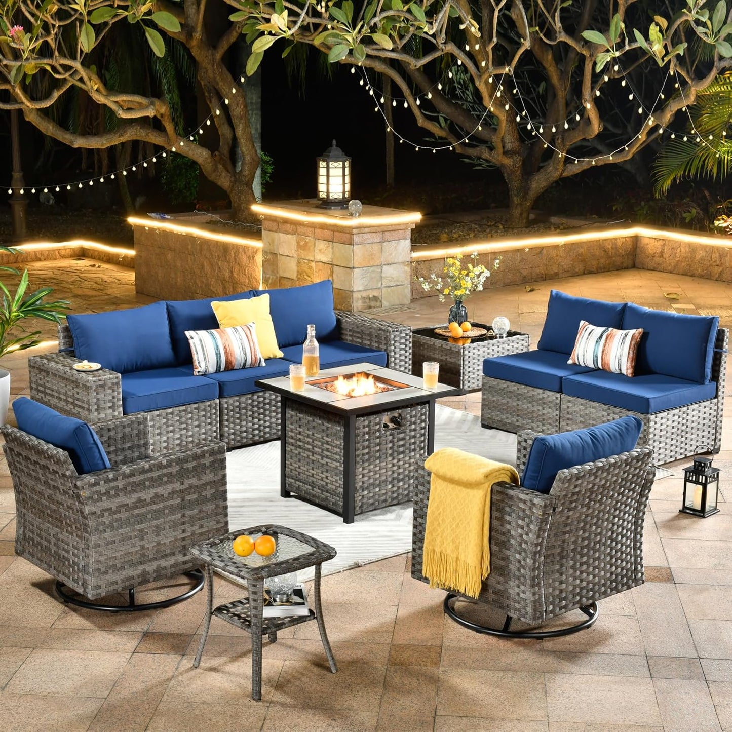 HOOOWOOO 10 Piece Modular Patio Outdoor Sectional Furniture Set with Gas Propane Fire Pit Table,Wicker Conversation Sofa Set with Swivel Chairs,Outside Couch Set(Navy Blue)