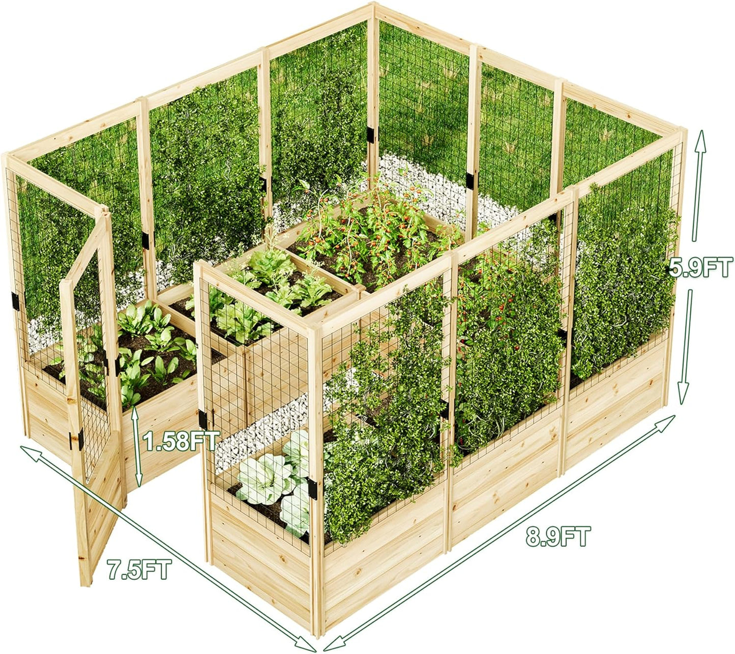 AMERLIFE Raised Garden Bed with Deer Proof Fence, 7.5Wx9Dx6H Outdoor Wooden Raised Garden Bed Planter with 19" Depth Planter Box