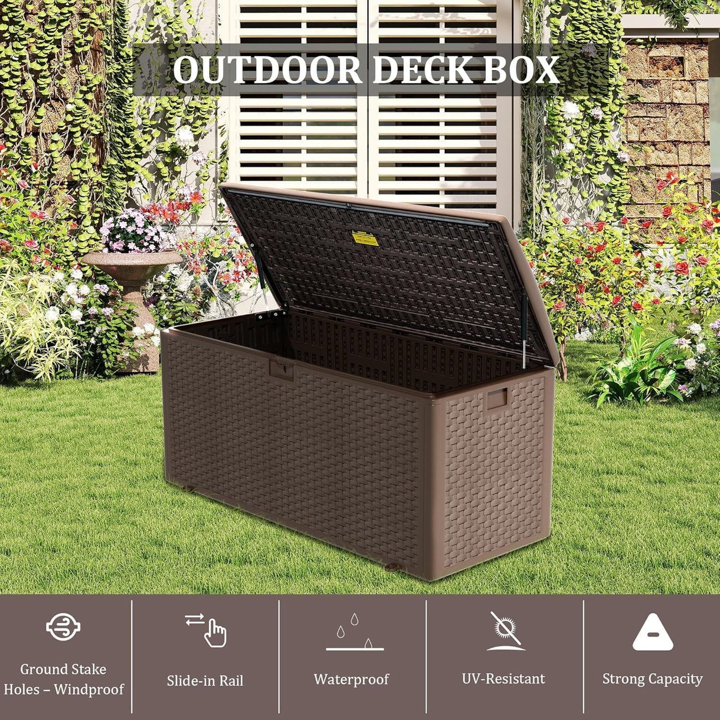 180 Pro Gallon Deck Box,Outdoor Storage Box Lockable,Waterproof for Patio Furniture, Garden Tools, Pool Accessories, Package Delivery Boxes For Outside, Brown