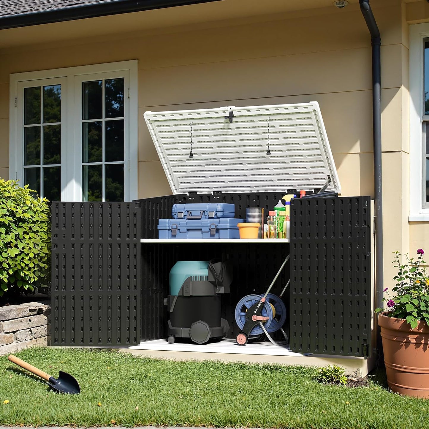 Greesum Outdoor Resin Storage Shed, 34 Cu.ft Horizontal Outdoor Storage Box Waterproof for Garden, Pool Storage, Garbage Cans, Black