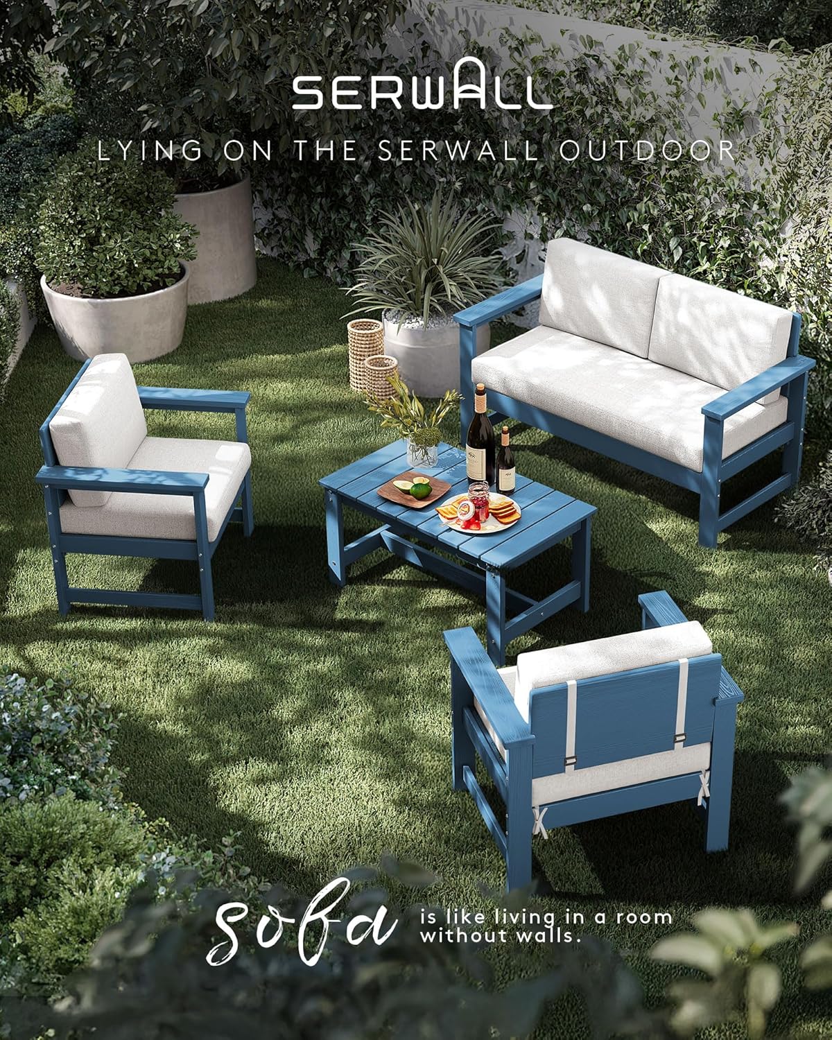 SERWALL Blue HDPE Outdoor Loveseat with Khaki Cushions