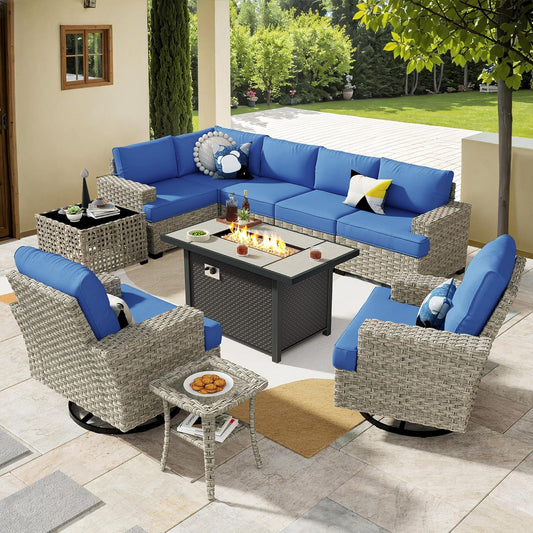 HOOOWOOO Outdoor Sectional Patio Furniture Set with Fire Pit Table,10 Pieces Wicker Conversation Sets L Shaped Couch,Extra Deep Out Door Sofa Outside Furniture with Swivel Chairs,Denim Blue