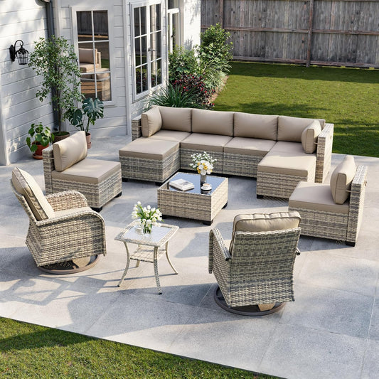 12-Piece Patio Furniture Set, Outdoor Patio Furniture with Swivel Chairs Set, Ottomans, Modular Patio Sofa, Dual-Strand Wicker Rattan, Rust-Resistant Frame, Khaki