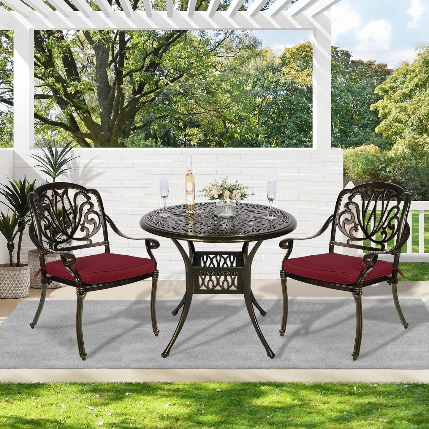 MEETWARM 3 Piece Patio Bistro Set, Outdoor All-Weather Cast Aluminum Dining Furniture Set Includes 2 Cushioned Chairs and a 35.4” Round Table with Umbrella Hole for Garden Deck, Chili Red