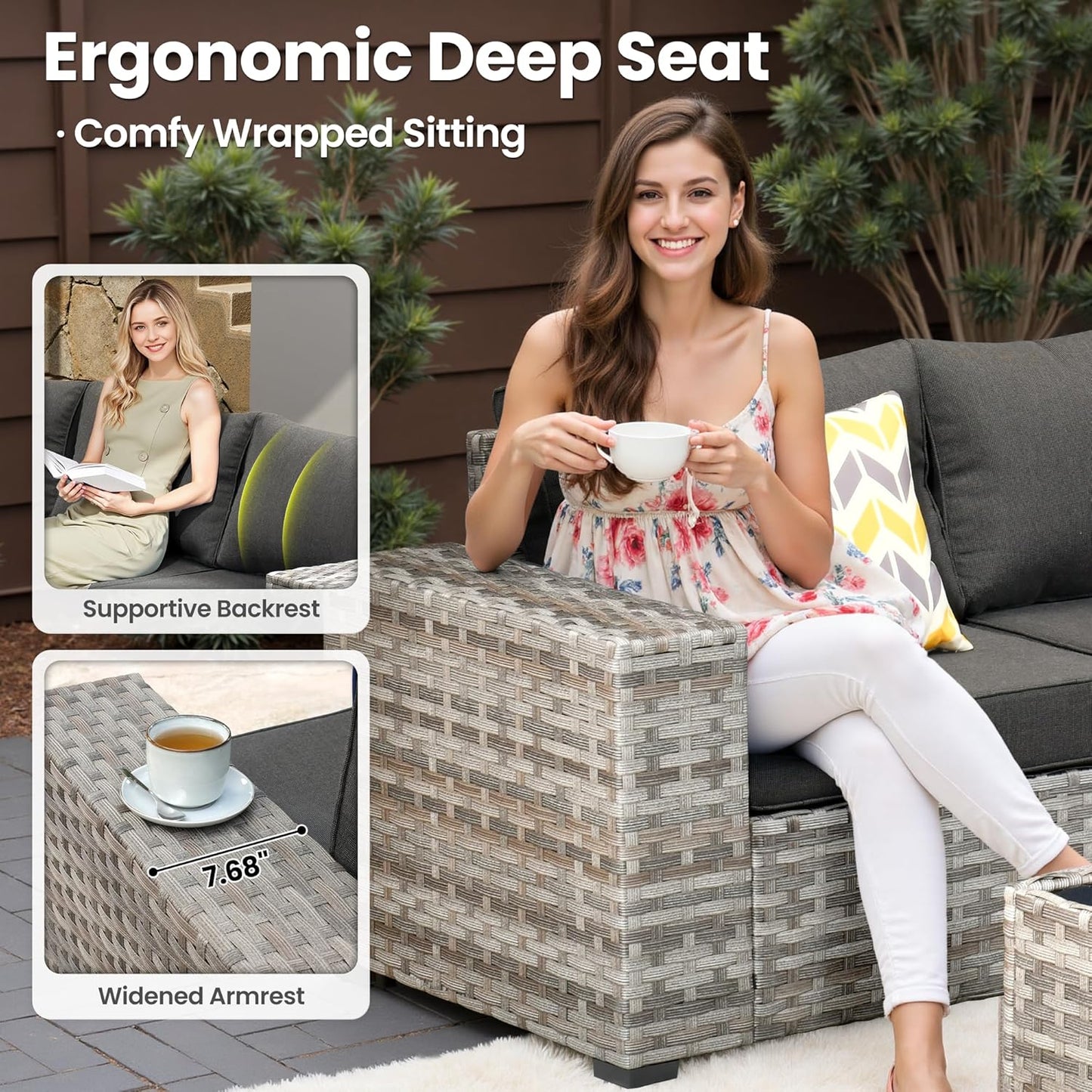 ovios 9 Pieces Patio Furniture Set, Outdoor Wicker Sectional Sofa with 42" Fire Pit Table Swivel Chair, Modern Modular Deep Seat Rattan Couch Conversation Sets, Black