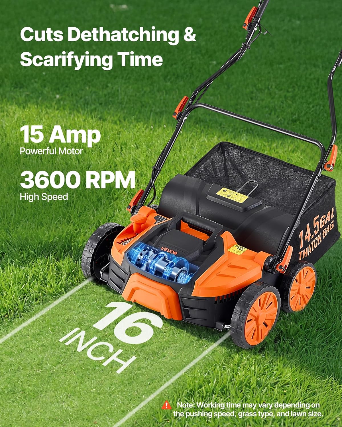 VEVOR 2-in-1 Electric Dethatcher and Scarifier, 16-Inch 15 Amp, Corded Lawn Dethatcher with 14.5-Gallon Thatch Collection Bag, 5-Position Depth Adjustment, Walk Behind Machine for Garden Yard Grass