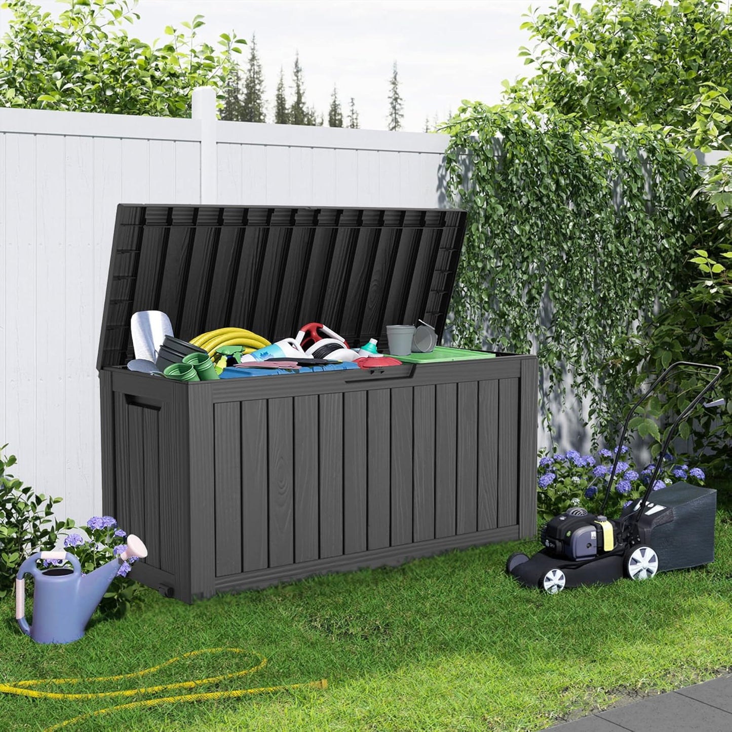 75 Gallon Resin Deck Box, Lockable Patio Outdoor Storage Box for Furniture, Garden Tools and Tools Storage, Waterproof Outside Storage Boxes - Black