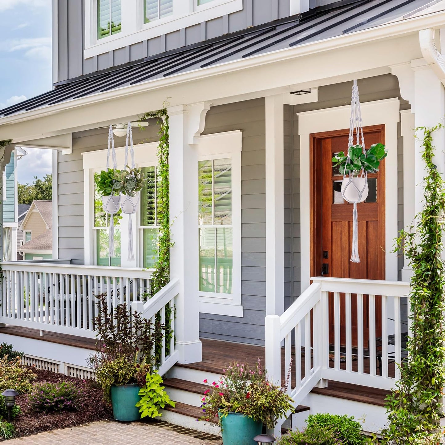 Sorbus Macrame Plant Hanger (6 Pack) Indoor Outdoor Hanging Plant Pots Cotton Rope, Elegant for Home, Patio, Garden (White)