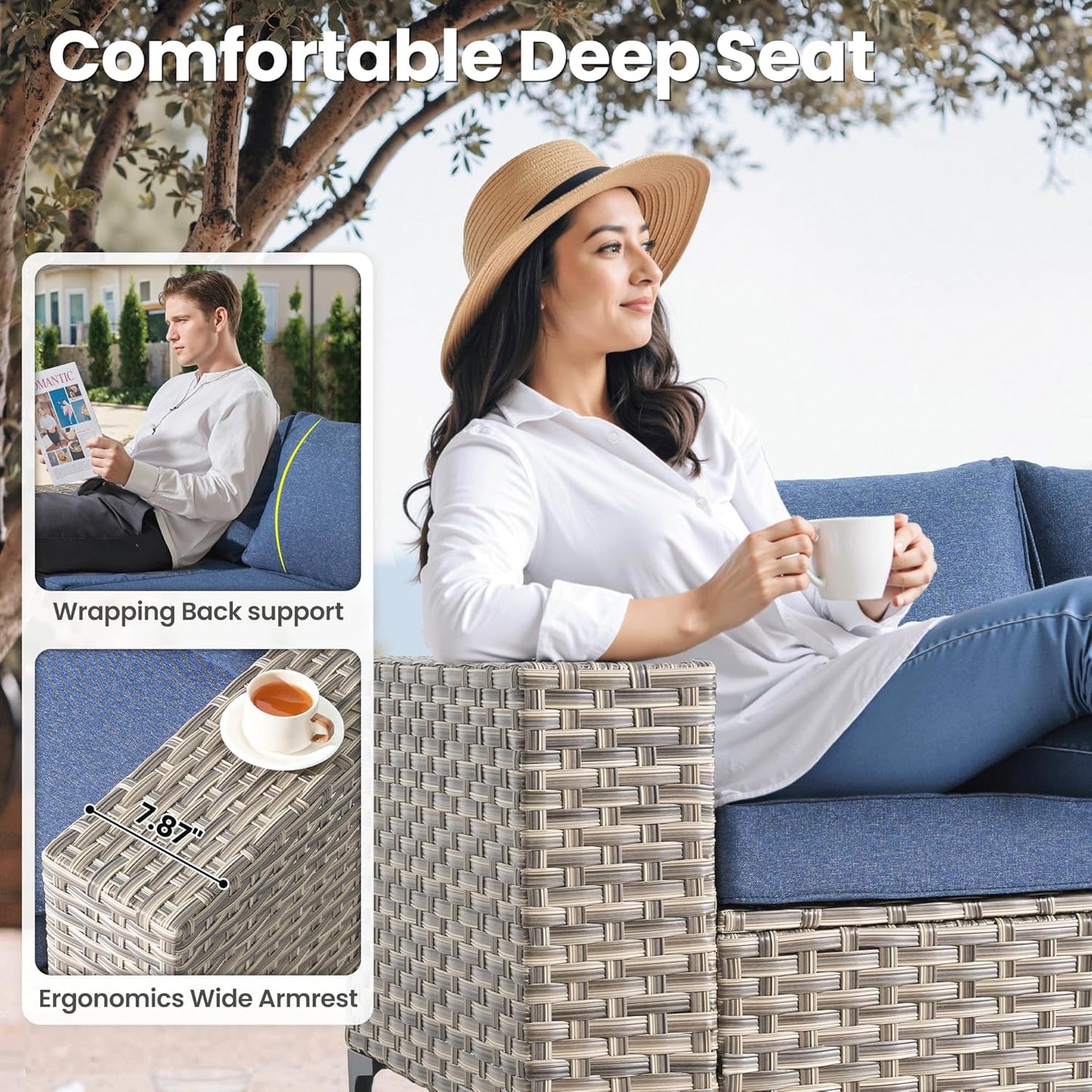 ovios 5 Pieces Patio Furniture Set Outdoor Sectional Sofa Couch with Deep Seat Chaise Comfy Cushions, Modern Modular Wicker Rattan Conversation Set Porch Deck Garden, Denim Blue