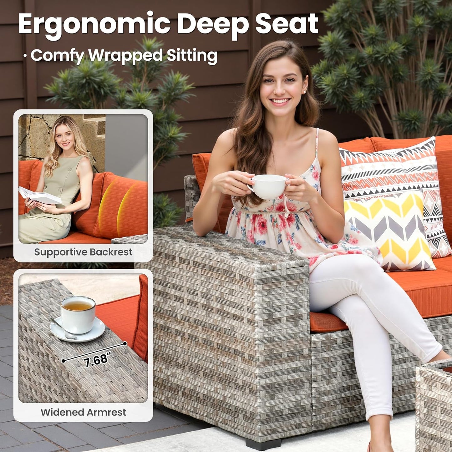 ovios 15 Pieces Patio Furniture Set, Outdoor Wicker Sectional Sofa with Swivel Chairs Coffee Table, Modern Modular Deep Seat Rattan Couch Conversation Sets, Orange Red