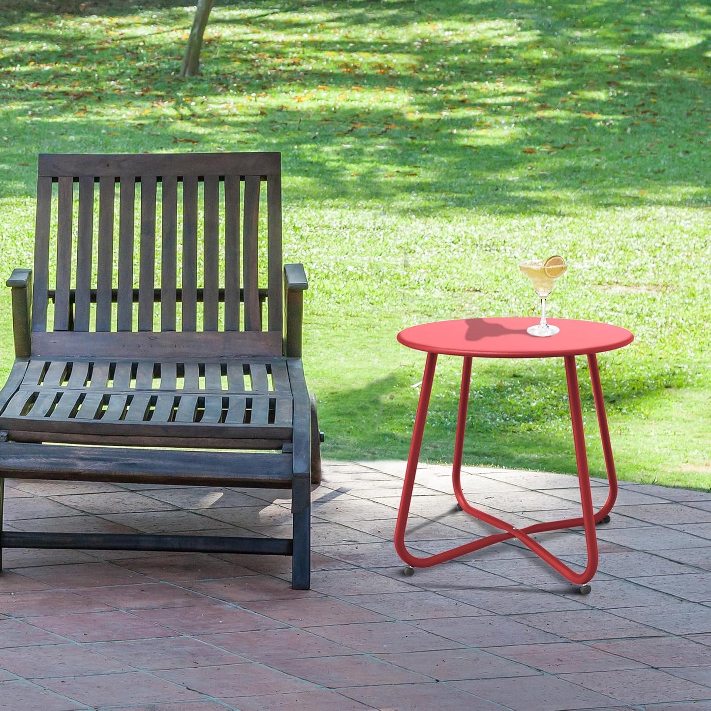 Patio Side Table Waterproof Round Metal Steel Weather Resistant Portable Outdoor and Indoor End Table for Garden Balcony Yard, Dark Red