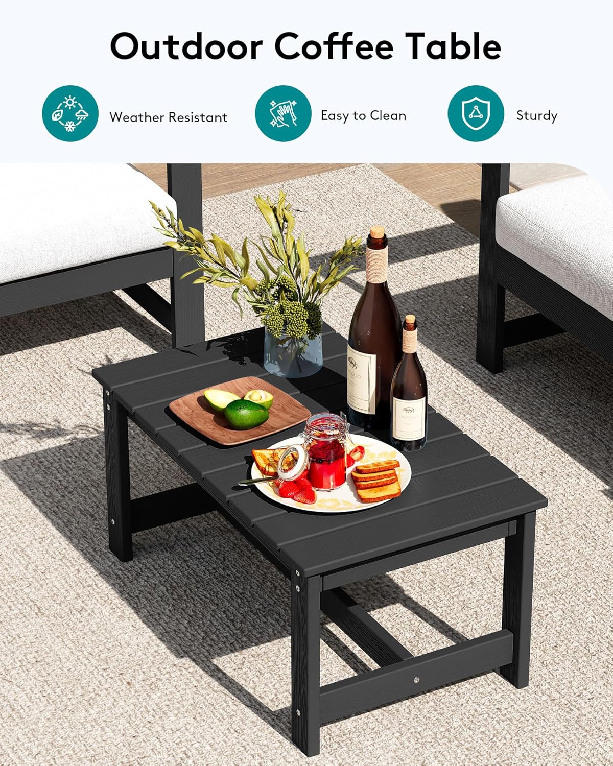 SERWALL 3 Pieces HDPE Outdoor Sofa Set with Cushions, All Weather Use Patio Couch Loveseat Furniture with Coffee Table for Balcony, Deck, Poolside, Black Frame with Khaki Cushions