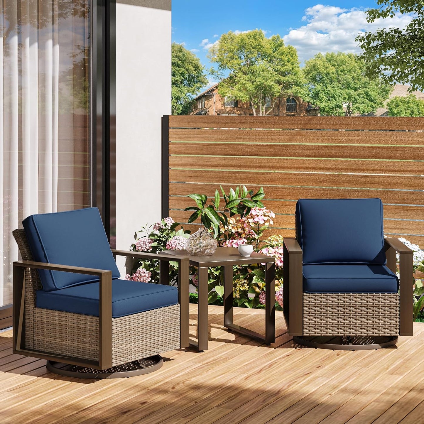 Outdoor Swivel Rocker Metal Chairs Set of 2 with Small Coffee Table - 3 Pieces Patio Bistro Set with Rectangular Framed Wood-Looking Metal Armrest, 360 Degree Glider Chairs, Dark Blue