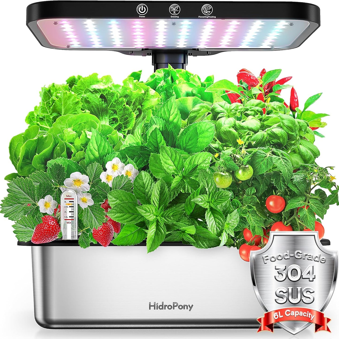 Stainless Steel Hydroponics Growing System kit Indoor Garden: 15 Pods Herb Garden with 24W Full Spectrum Grow Light, Hydroponic Gardening System with Silent Pump, Planting Height Up to 19.7"