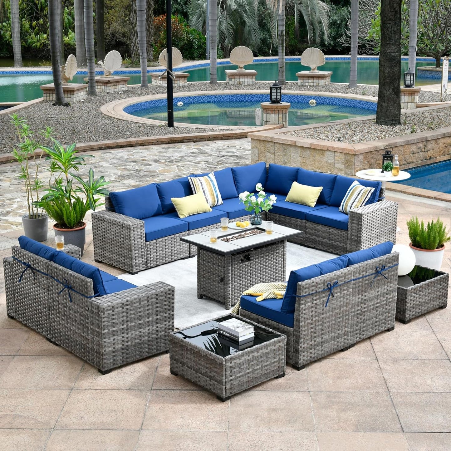 HOOOWOOO 13 Piece Modular Patio Outdoor Sectional Furniture Set with Gas Propane Fire Pit Table,Wicker Conversation Sofa Set,Out Door Couch Set with Wide Arm Outside(Navy Blue)