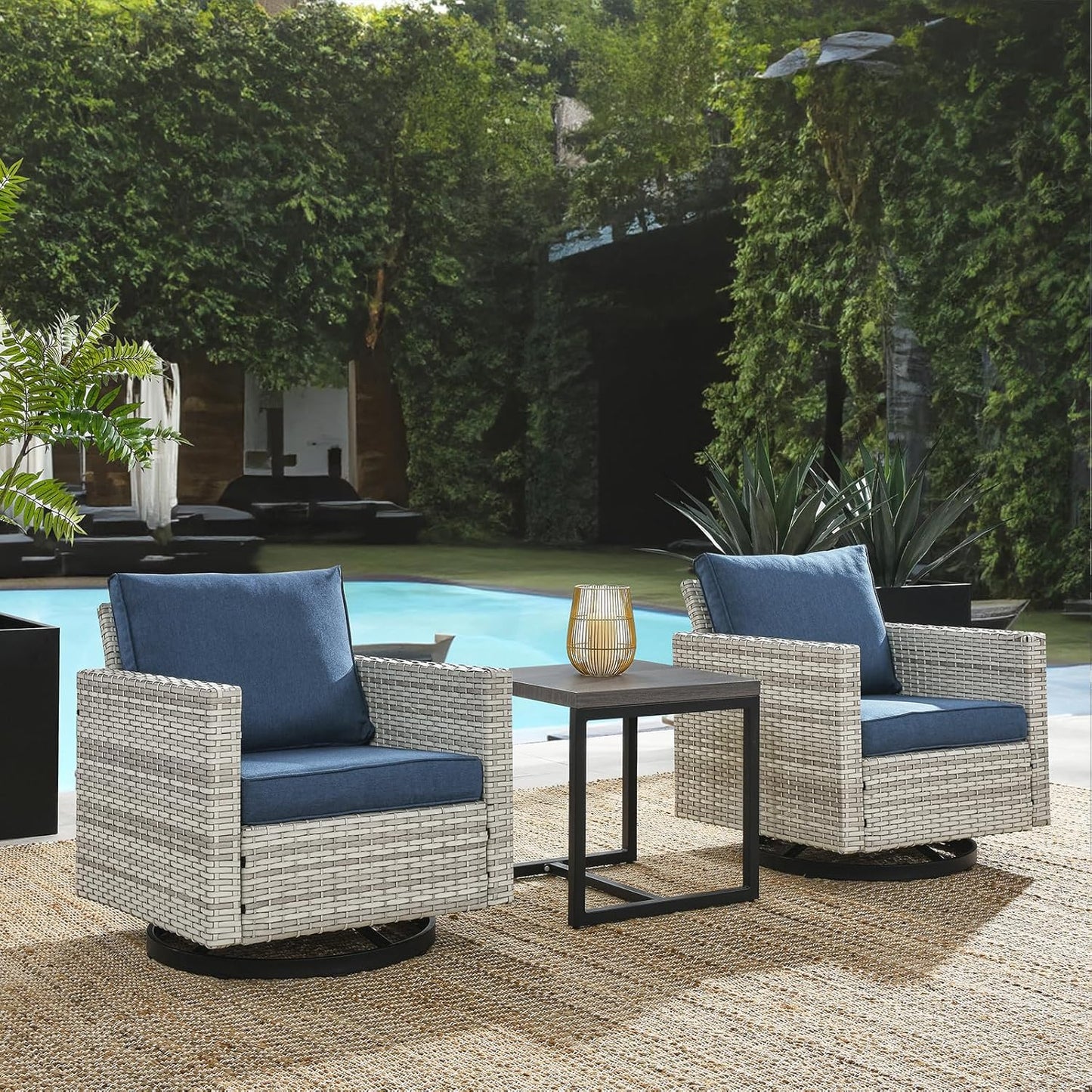 HUMMUH 3-Piece Patio Swivel Chairs,PE Wicker Outdoor Rocking Chairs Bistro Set with Side Table Porch Balcony Furniture with Cushions