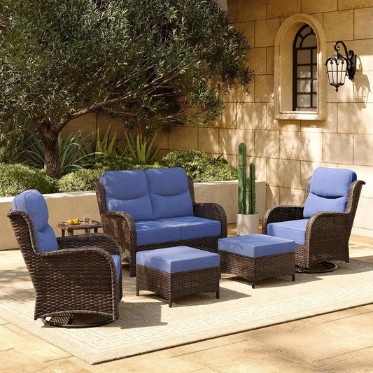 HILLGA Luxury Patio Furniture Set with 6-inch Thick Cushion, Outdoor Loveseat and High Back Swivel Rocker Patio Chairs, 6PCS Wicker Conversation Set for Deck Yard and Poolside, Blue (V2)