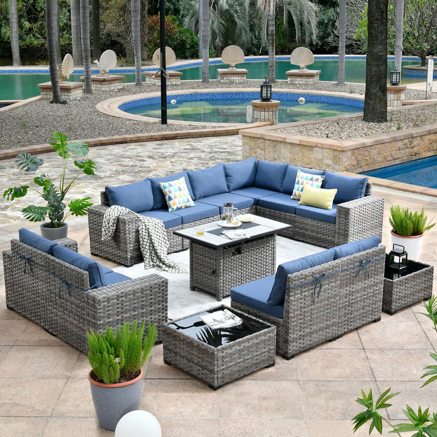 HOOOWOOO 13 Piece Modular Patio Outdoor Sectional Furniture Set with Gas Propane Fire Pit Table,Wicker Conversation Sofa Set,Out Door Couch Set with Wide Arm Outside(Denim Blue)