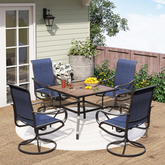 PHI VILLA 5 Piece Outdoor Patio Dining Set with 4 Swivel Dining Chairs & 1 Wood-Like Dining Table, All Weather Blue Textilene Mesh Fabric Chair and Square Metal Table for Deck Lawn Garden