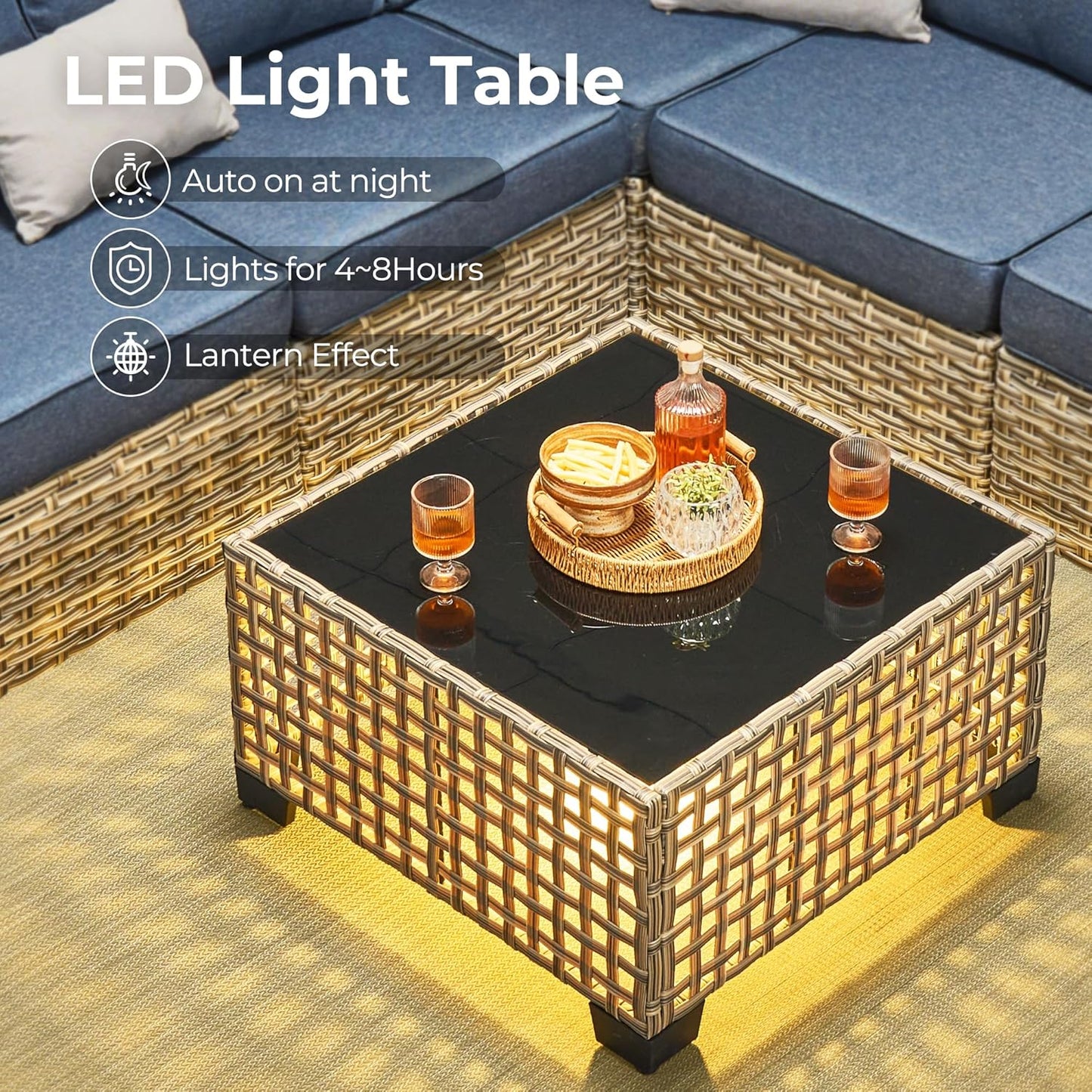 HOOOWOOO Outdoor Sectional Patio Furniture Set with Fire Pit Table,13 Pieces Wicker Conversation Sets L Shaped Couch,Extra Deep Out Door Sofa Outside Furniture with Swivel Chairs,Denim Blue