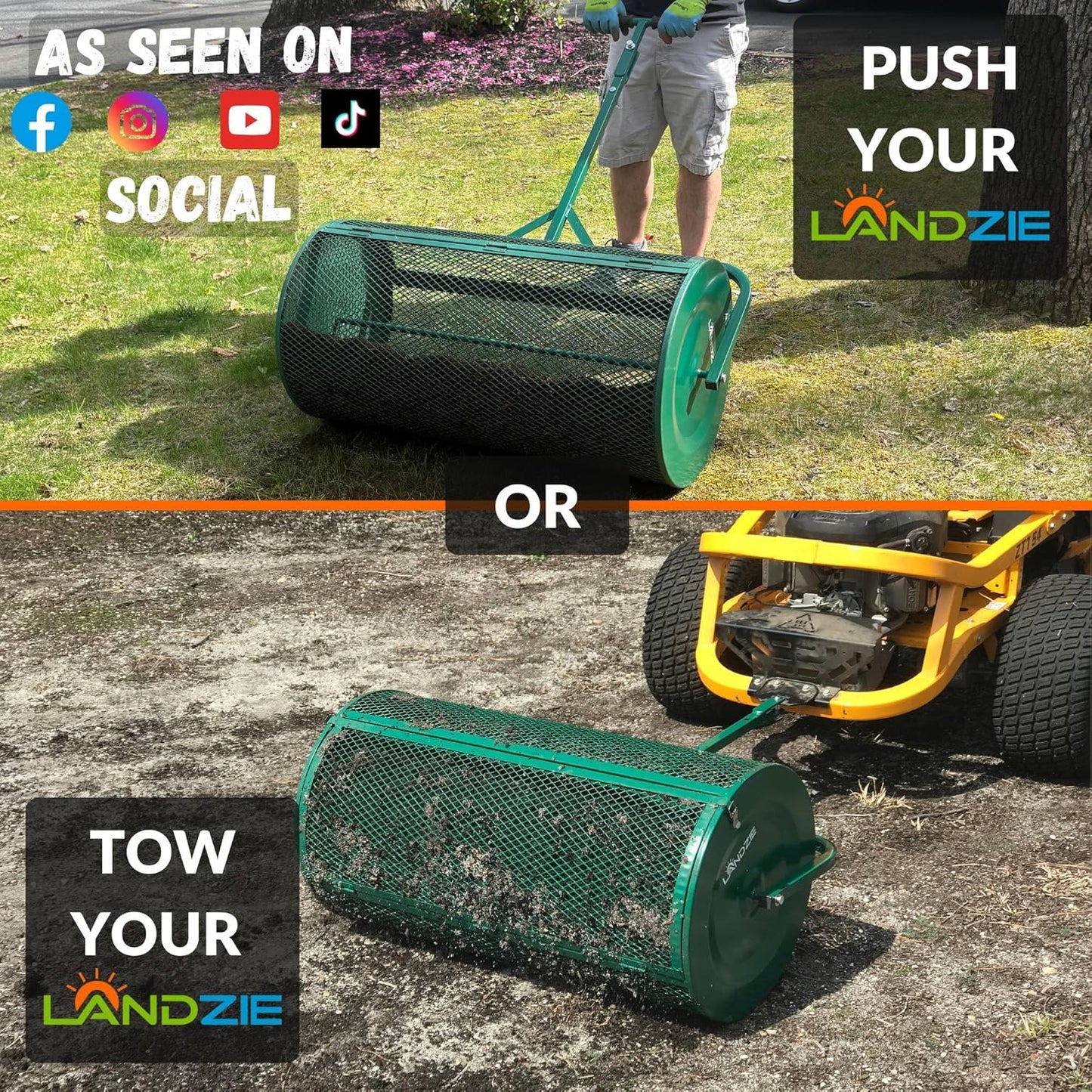 LANDZIE Lawn & Garden Spreaders - 36 Inch Heavy Duty Metal Mesh Basket Push/Tow Spreader - Compost, Peat Moss, Top Soil, Mulch - Durable Lightweight Multi-Purpose Yard Care Equipment - Manure Spreader