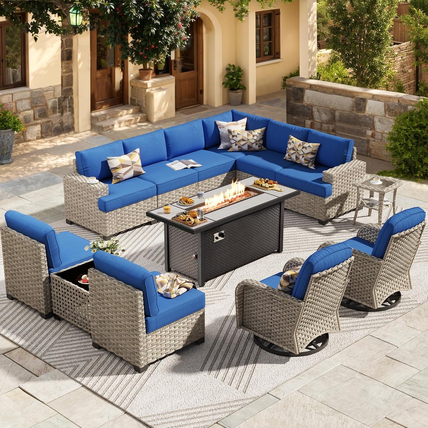 HOOOWOOO Outdoor Sectional Patio Furniture Set with Fire Pit Table,13 Pieces Wicker Conversation Sets L Shaped Couch,Extra Deep Out Door Sofa Outside Furniture with Swivel Chairs,Navy Blue