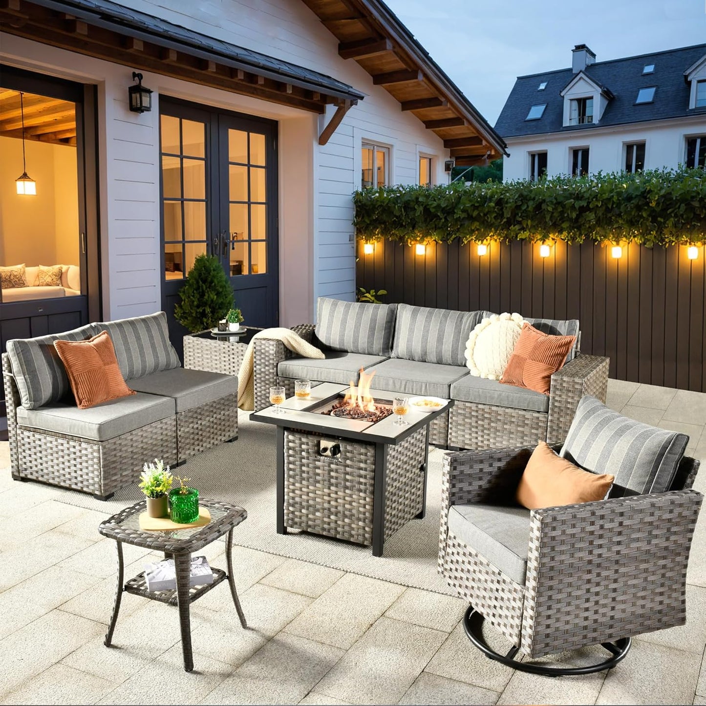 ovios 9 Pieces Patio Furniture Set, Outdoor Wicker Sectional Sofa with 30" Fire Pit Table Swivel Chair, Modern Modular Deep Seat Rattan Couch Conversation Sets, Dark Gray Stripe