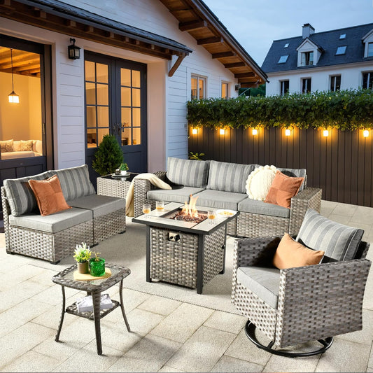 ovios 9 Pieces Patio Furniture Set, Outdoor Wicker Sectional Sofa with 30" Fire Pit Table Swivel Chair, Modern Modular Deep Seat Rattan Couch Conversation Sets, Dark Gray Stripe