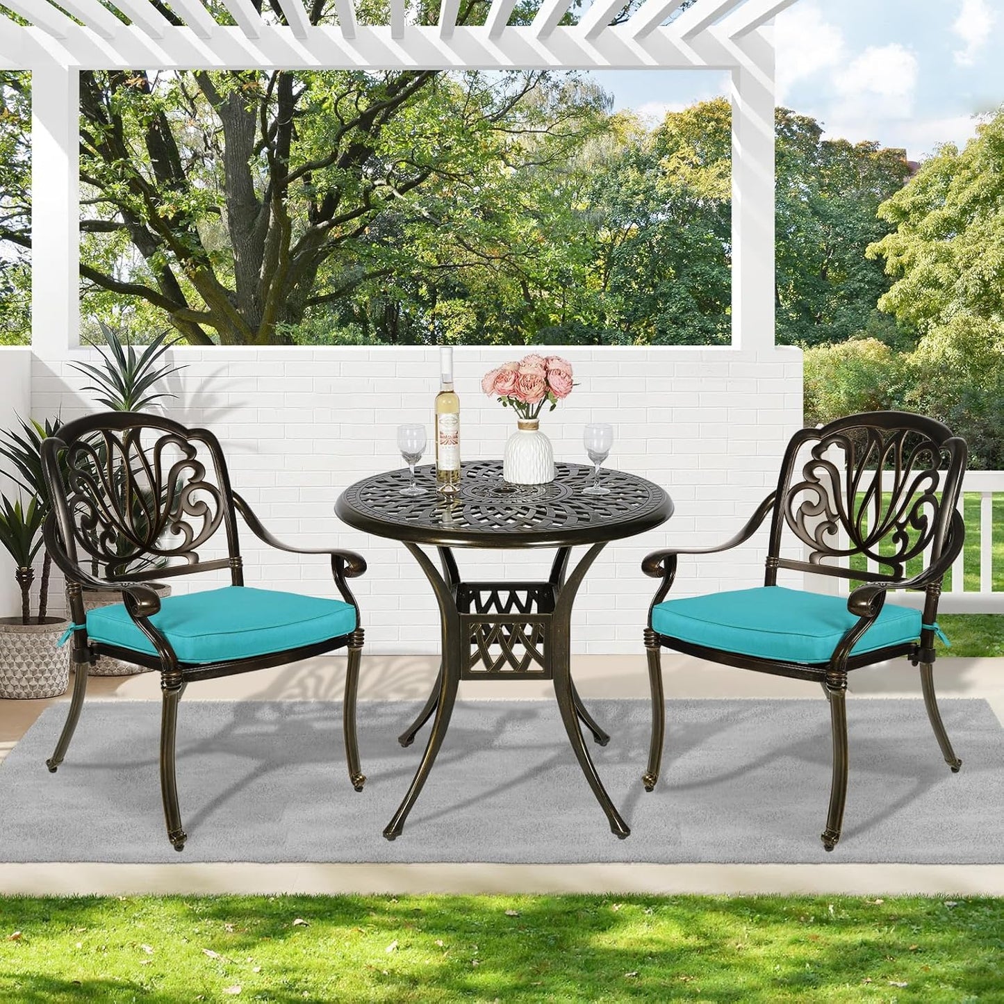 MEETWARM 3 Piece Patio Bistro Set, Outdoor All-Weather Cast Aluminum Dining Furniture Set Includes 2 Cushioned Chairs and a 31” Round Table with Umbrella Hole for Garden Deck, Ocean Blue
