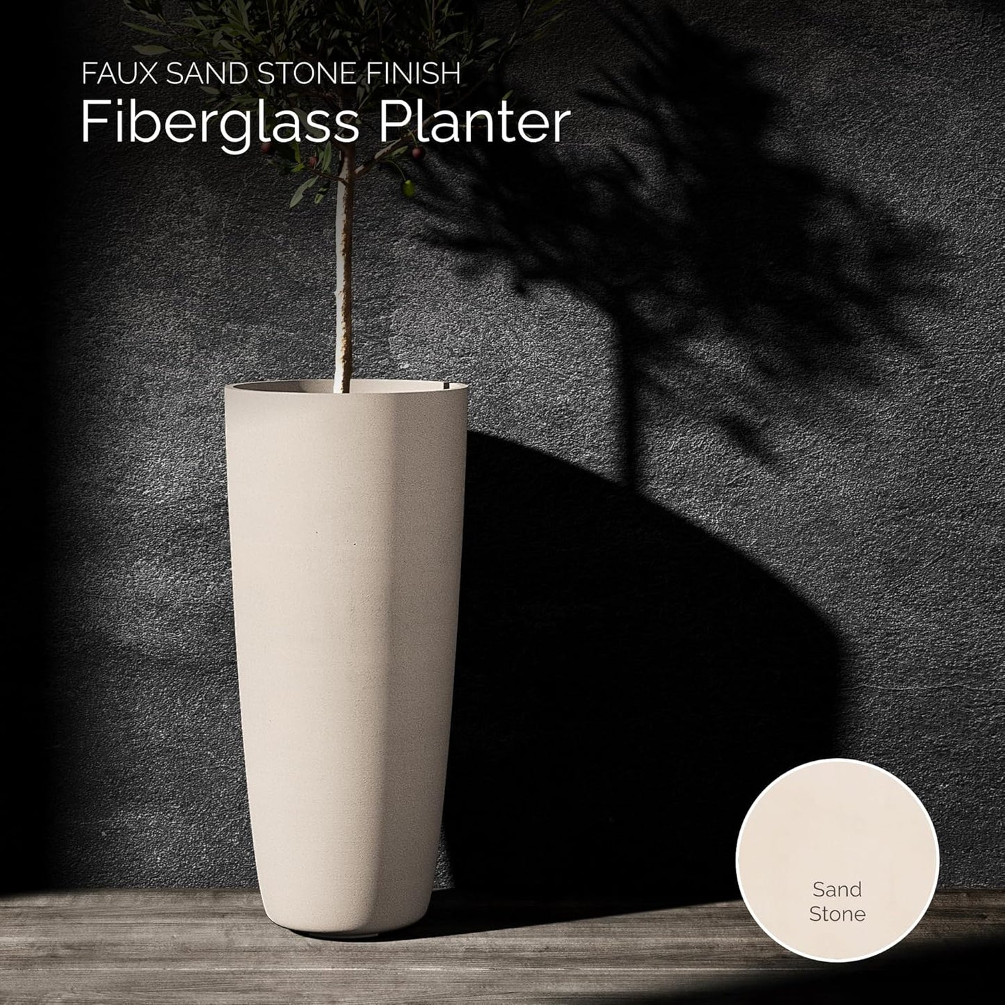 Lofto Tall Planter – Sand Stone Finish – Fiberglass Indoor/Outdoor and Weather-Resistant Large Planter (19.7" D x 43.7" H Exterior, 18.5" D x 43.3" H Interior)