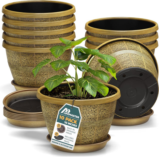 10-Inch Whiskey Barrel Planters Outdoor Pack of 10 - Durable Plastic Plant Pots for Indoor & Outdoor Use with Drainage & Saucer, Lightweight Rustic Barrel Planters for Flowers, Herbs & Small Plants