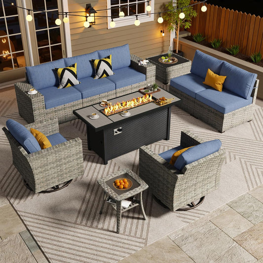 ovios 10 Pieces Patio Furniture Set, Outdoor Wicker Sectional Sofa with 54" Fire Pit Table Swivel Chairs, Modern Modular Deep Seat Rattan Couch Conversation Sets, Denim Blue