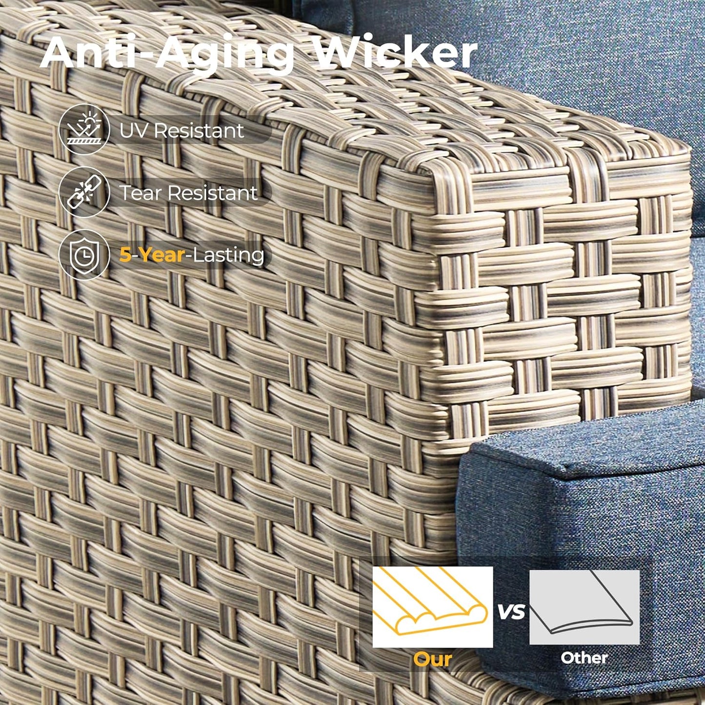 HOOOWOOO Outdoor Sectional Patio Furniture Set with Fire Pit Table,13 Pieces Wicker Conversation Sets L Shaped Couch,Extra Deep Out Door Sofa Outside Furniture with Swivel Chairs Ottoman,Denim Blue