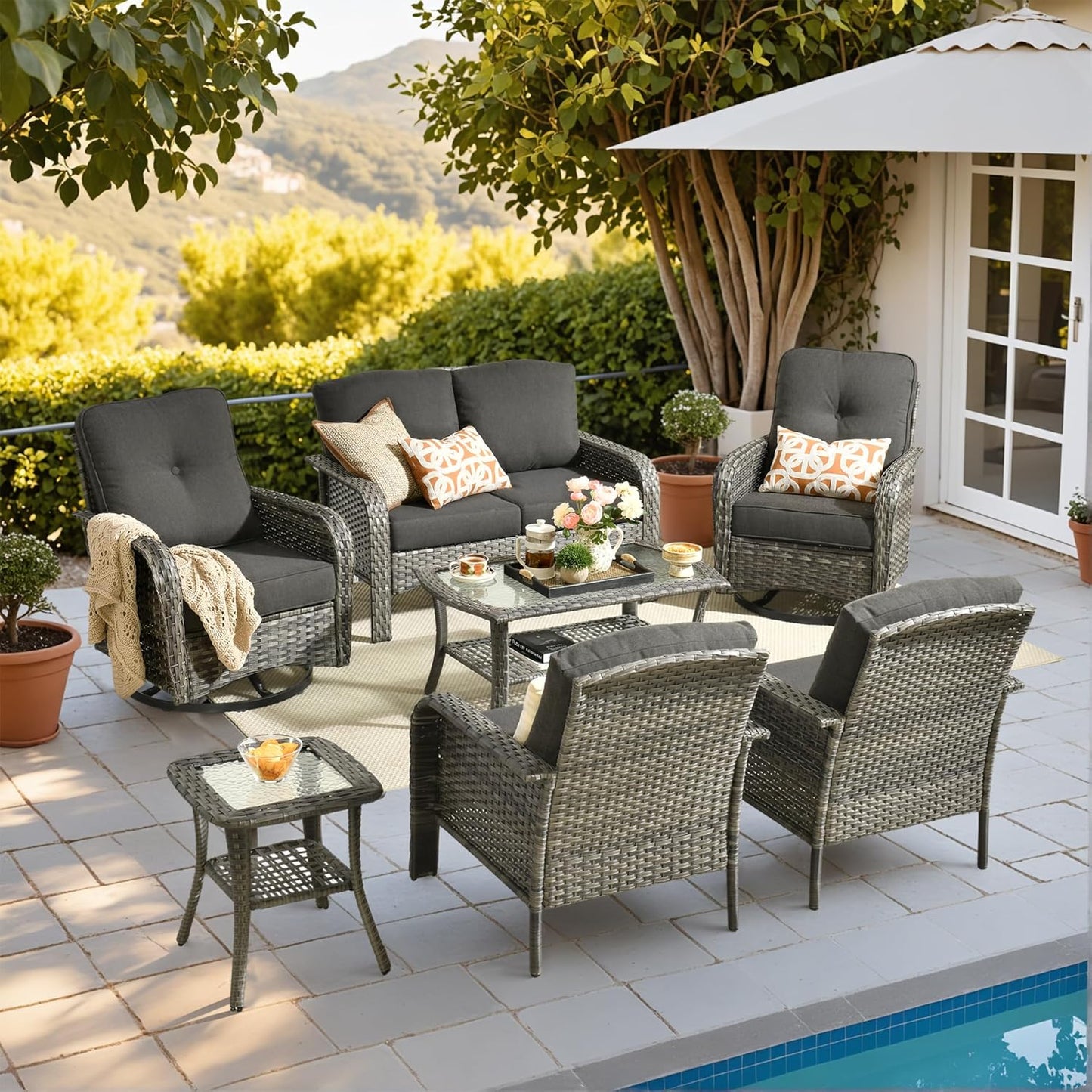 HOOOWOOO Patio Furniture Set,7 Pieces Outdoor Conversation Set,All Weather Wicker Loveseat Sofa Set with High Back Swivel Rocking Chairs Tables,Black