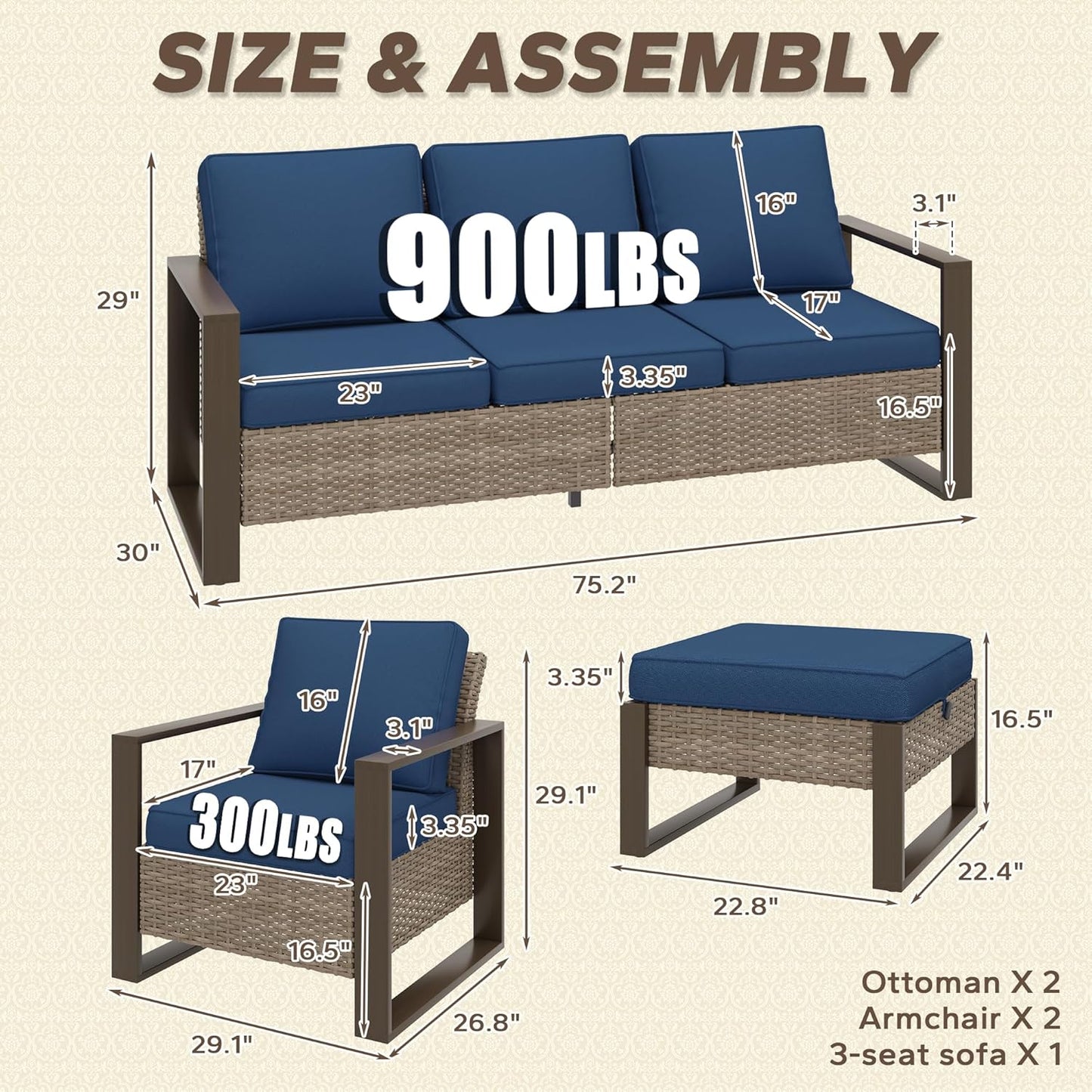 5 Pieces Metal Wicker Patio Furniture Set - 75" Sofa, Two Armchairs and Two Ottomans, All Weather Rattan Outdoor Conversation Furniture with Washable Cushion for Deck Porch, Dark Blue