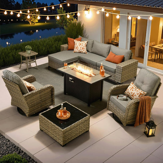 ovios 9 Pieces Patio Furniture Set Outdoor Sectional Sofa Couch with Fire Pit Table Rocking Swivel Chairs Deep Seat Chaise, Modern Modular Wicker Rattan Conversation Set, Dark Grey